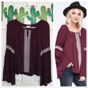 Patrons of Peace Maroon Crochet Bell Sleeve Top